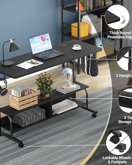 Height Adjustable Standing Desk with Power Outlets, 47" Manual Stand Up Desk with Storage Shelves Small Mobile Rolling Computer Desk Portable Laptop Table with Wheels for Home Office, Black - LeafyLoom