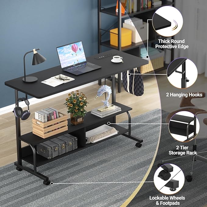 Height Adjustable Standing Desk with Power Outlets, 47" Manual Stand Up Desk with Storage Shelves Small Mobile Rolling Computer Desk Portable Laptop Table with Wheels for Home Office, Black - LeafyLoom