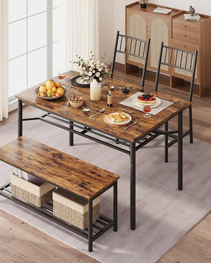 IDEALHOUSE Dining Table Set for 4, Kitchen Table and Chairs for 4 with Storage Bench, Rectangular Kitchen Table Set with Wine Rack, Dining Room Table Set for Small Space, Apartment, Retro Brown - LeafyLoom