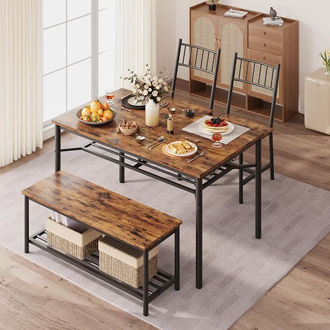 IDEALHOUSE Dining Table Set for 4, Kitchen Table and Chairs for 4 with Storage Bench, Rectangular Kitchen Table Set with Wine Rack, Dining Room Table Set for Small Space, Apartment, Retro Brown - LeafyLoom