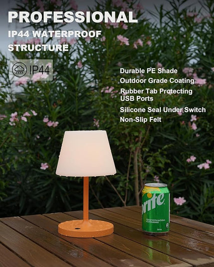 Outdoor Battery Operated Table Lamp Waterproof, 4000mAh Cordless Table Lamp Rechargeable, Touch Dimmable Desk Lamp, LED Night Light for Patio Camping Restaurant Home, H9.6in, Orange - LeafyLoom
