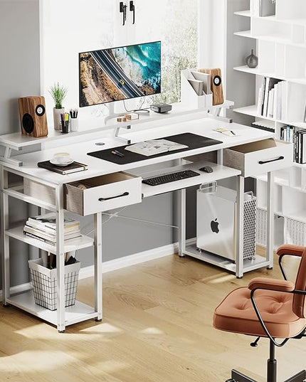 ODK Computer Desk, 55'' Office Desk with Keyboard Tray, Writting Desk with Drawers and Monitor Stand, Study Table with CPU Stand and Removable Shelf for Storage, White - LeafyLoom