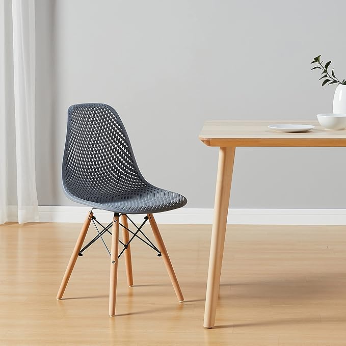 CangLong Dining Mid Century Modern Hollow Back Design Plastic Shell Armless Side Chair with Beech Wood Legs, Set of 1, Grey - LeafyLoom