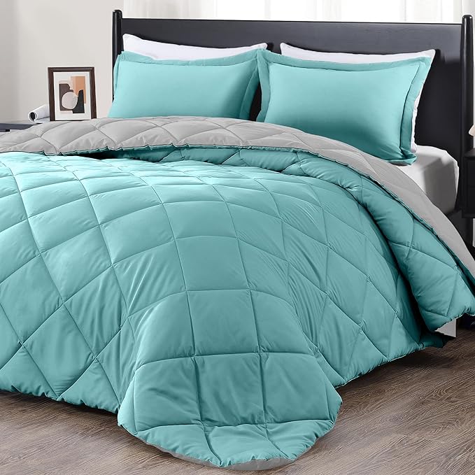 downluxe Twin Comforter Set - Turquoise and Grey Twin Comforter, Soft Bedding Sets for All Seasons -2 Pieces - 1 Comforter (66"x92") and 1 Pillow Sham(20"x26") - LeafyLoom