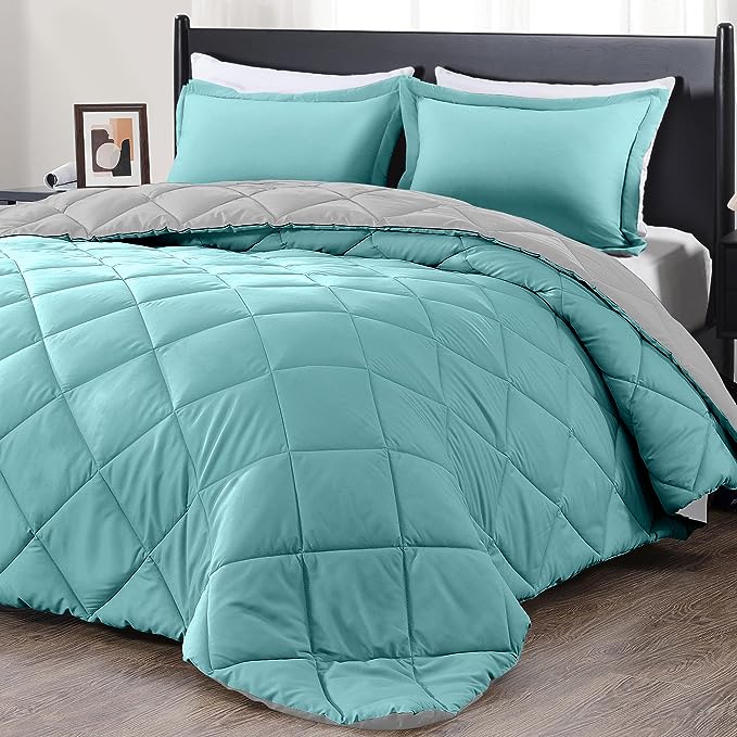 downluxe Queen Comforter Set - Turquoise and Grey Queen Comforter, Soft Bedding Sets for All Seasons -3 Pieces - 1 Comforter (88"x92") and 2 Pillow Shams(20"x26") - LeafyLoom