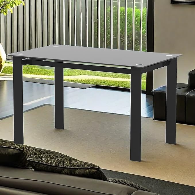 NicBex Dining Table Contemporary Kitchen Table Farmhouse Rustic Tempered Glass Black Dining Table, Simple Rectangular Metal Table Legs Living Room Kitchen Table, Easy Assembly, Black - LeafyLoom