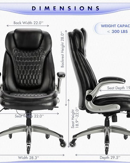COLAMY Office Chair-Ergonomic Computer Desk Chair with Thick Seat for Comfort, High Back Executive Chair with Padded Flip-up Arms, Stylish Leather Chair with Upgraded Caster for Swivel (Black, 300lbs) - LeafyLoom
