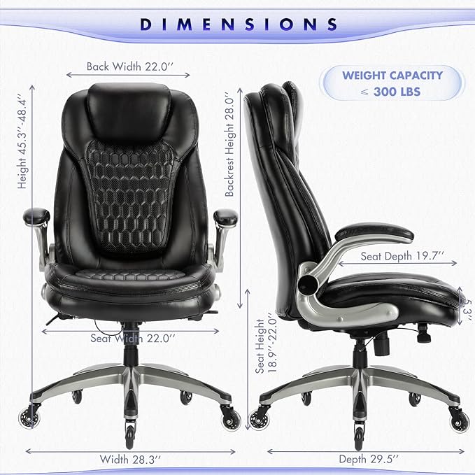COLAMY Office Chair-Ergonomic Computer Desk Chair with Thick Seat for Comfort, High Back Executive Chair with Padded Flip-up Arms, Stylish Leather Chair with Upgraded Caster for Swivel (Black, 300lbs) - LeafyLoom