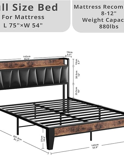 LIKIMIO Full Size Bed Frame, Storage Headboard with Charging Station, Solid and Stable, Noise Free, No Box Spring Needed, Easy Assembly (Vintage and Black) - LeafyLoom