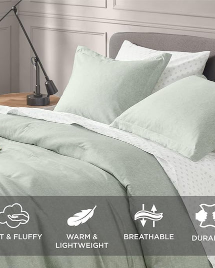 Degrees of Comfort Sage Green Comforter Set Queen Size, Lightweight for Summer with Soft Chambray Print Cover, Down Alternative Filling, 3 Pieces Bedding Including 1 Comforter, 2 Pillow Shams - LeafyLoom