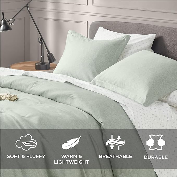 Degrees of Comfort Sage Green Comforter Set Queen Size, Lightweight for Summer with Soft Chambray Print Cover, Down Alternative Filling, 3 Pieces Bedding Including 1 Comforter, 2 Pillow Shams - LeafyLoom