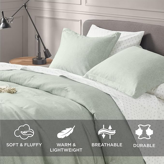 Degrees of Comfort Sage Green Comforter Set King Size, Lightweight Summer Comforters, Soft Chambray Print Cover, Down Alternative Filling, 3 Pieces Bedding Sets Including 1 Comforter and 2 Pillow Sham - LeafyLoom