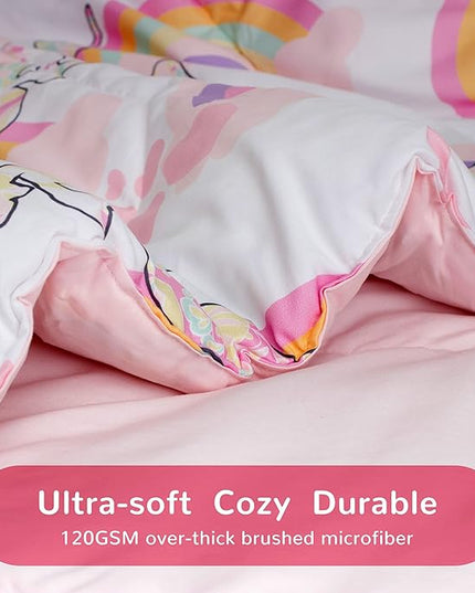 SLEEP ZONE Kids Bedding Comforter Set Full/Queen Size - Super Cute & Soft Kids Bedding 7 Pieces Set with Comforter, Sheet, Pillowcase & Sham (Pink Unicorn) - LeafyLoom