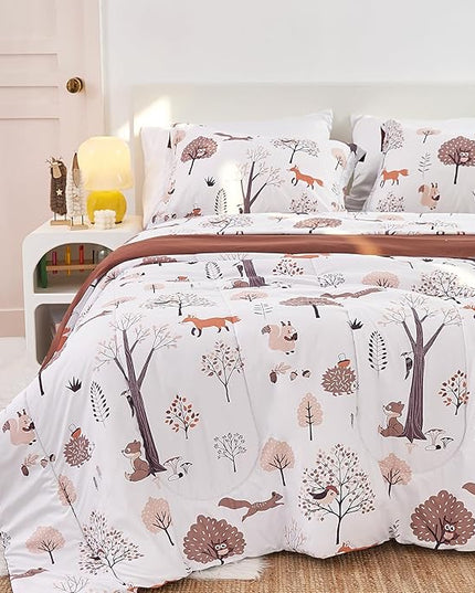 Kids Woodland Comforter Set for Boys Girls Twin Size, Cute Reversible Quilted Forest Animal Print Fall Bedding with Pillow Sham, Lightweight Soft Breathable Machine Camping Themed Bed Set 2 Piece - LeafyLoom