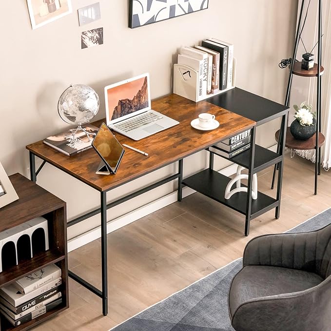 Multifunctional Computer Desk, Industrial Study Writing Desk w/Removable Storage Shelf, Heavy-Duty Metal Frame, 55 Inch Desk for Home Office, Gaming Room, Bedroom (Rustic Brown) - LeafyLoom