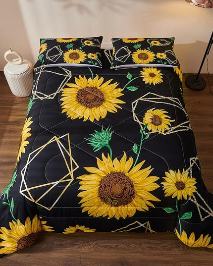 Sunflower Comforter Sets,Seamless Pattern with Golden Polygonal Shapes and Sunflowers in Watercolor Style,Decorative Bedding Comforter Sets with 2 Pillow Shams, Twin Size - LeafyLoom