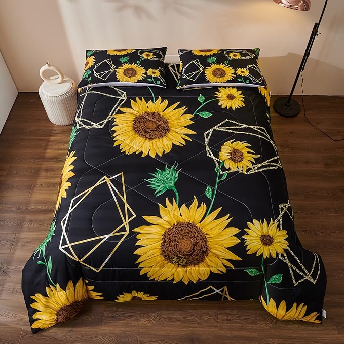 Sunflower Comforter Sets,Seamless Pattern with Golden Polygonal Shapes and Sunflowers in Watercolor Style,Decorative Bedding Comforter Sets with 2 Pillow Shams, Twin Size - LeafyLoom