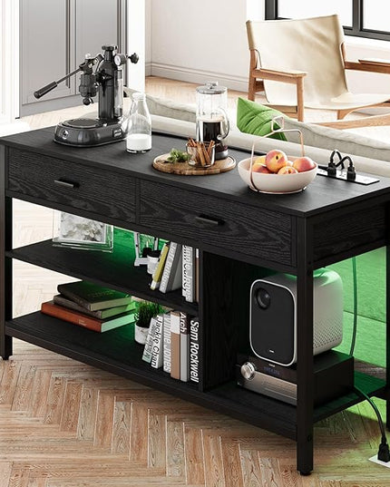IRONCK TV Stand LED Lights, Entertainment Center with Power Outlet for 55 Inch TV, Industrial TV Console with Media Storage Shelf and 2 Large Drawers,for Bedroom/Living Room, Black - LeafyLoom