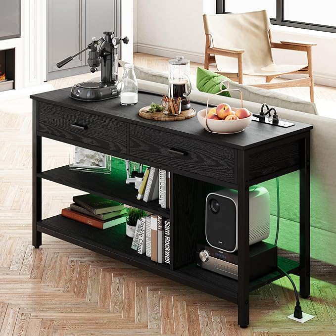 IRONCK TV Stand LED Lights, Entertainment Center with Power Outlet for 55 Inch TV, Industrial TV Console with Media Storage Shelf and 2 Large Drawers,for Bedroom/Living Room, Black - LeafyLoom