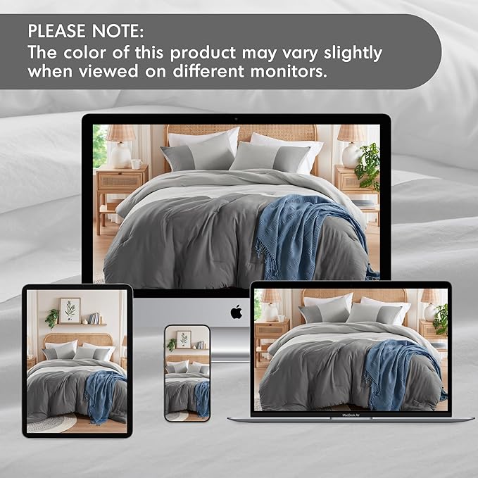 Grey Comforter King Size - Modern Farmhouse Soft Comforter Sets for Men, Masculine Colorblock Pattern Bed Sets for All Season, 3 Pieces includes 1 Comforter, 2 Shams (104"x 90") - LeafyLoom