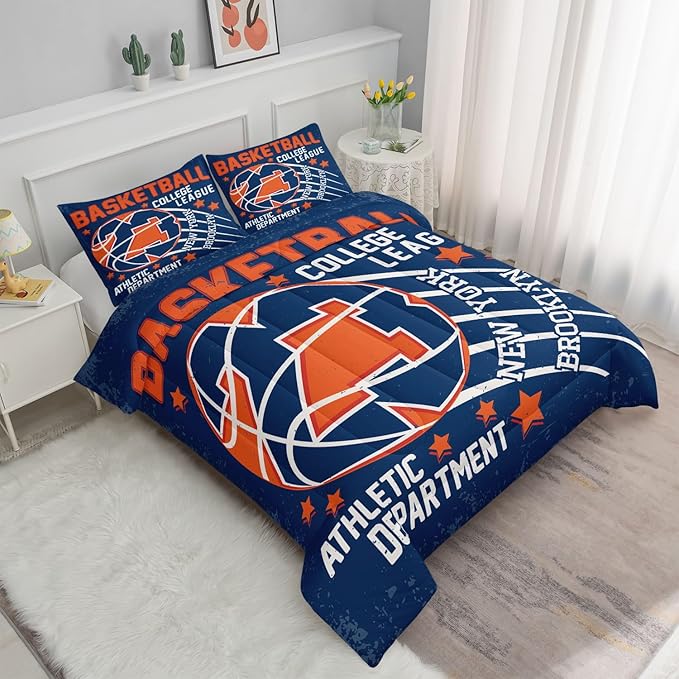 Datura home Basketball Comforter Sets for Boys Kids,Orange Blue Theme Basketball Championship American Style,Duvet 3Pcs in Quilt Sets with 1 Comforter and 2 Pillowcases(Orange Queen) - LeafyLoom