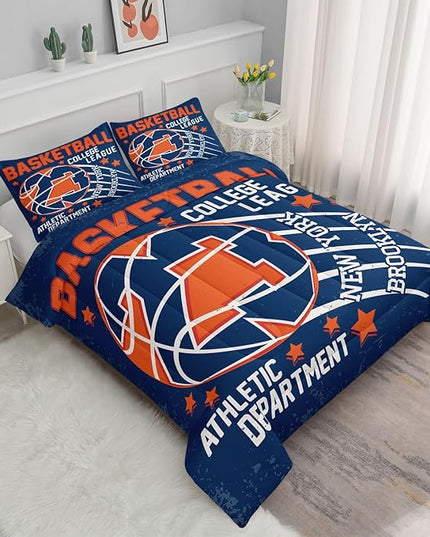 Datura home Basketball Comforter Sets for Boys Kids,Orange Blue Theme Basketball Championship American Style,Duvet 3Pcs in Quilt Sets with 1 Comforter and 2 Pillowcases(Orange Twin) - LeafyLoom