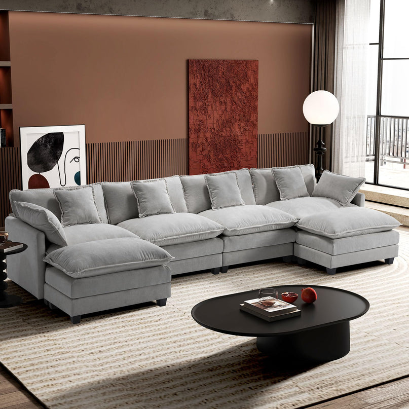 Ihanherry 111.4" L Shaped Modern Sofa Modular Sectional Cloud Couch with Ottoman, 4-Seat Chenille Deep Seat Sofa with Pillow for Living Room, Bedroom and Apartment, Beige LeafyLoom