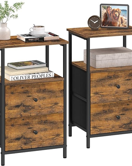 VASAGLE Nightstand Set of 2, Side Tables with 2 Fabric Drawers, 24-Inch Tall End Tables with Storage Shelf, Bedroom, Rustic Brown and Black ULGS225K01 - LeafyLoom