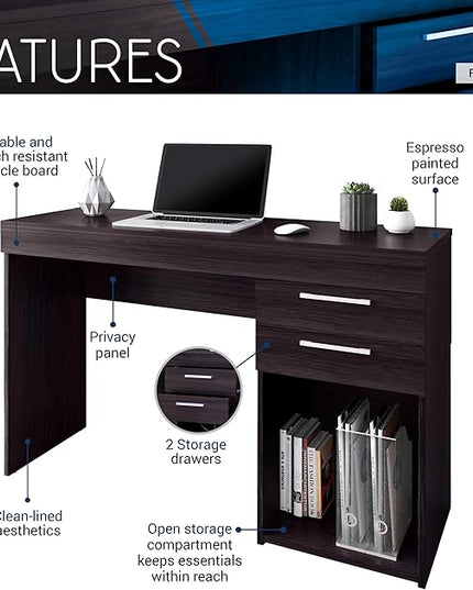 Techni Mobili Computer Home Office or Bedroom Storage & Drawers Ideal for Small Spaces Writing Desk, 47.6" W x 16.1" D x 30.3, Espresso - LeafyLoom