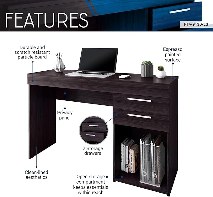 Techni Mobili Computer Home Office or Bedroom Storage & Drawers Ideal for Small Spaces Writing Desk, 47.6" W x 16.1" D x 30.3, Espresso - LeafyLoom