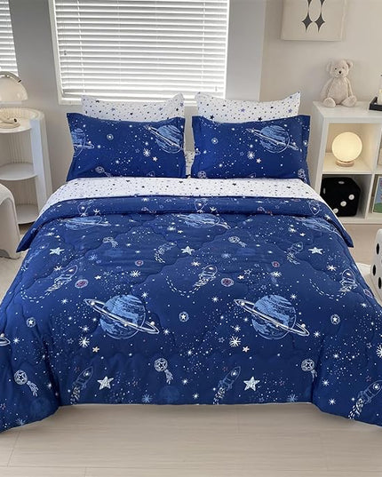 7 Piece Boys Space Comforter Set Twin Size Bed in A Bag Star Rocket Galaxy Universe Planets Bedding Set for Kids Teens Girls Microfiber Blue Quilt All Season - LeafyLoom