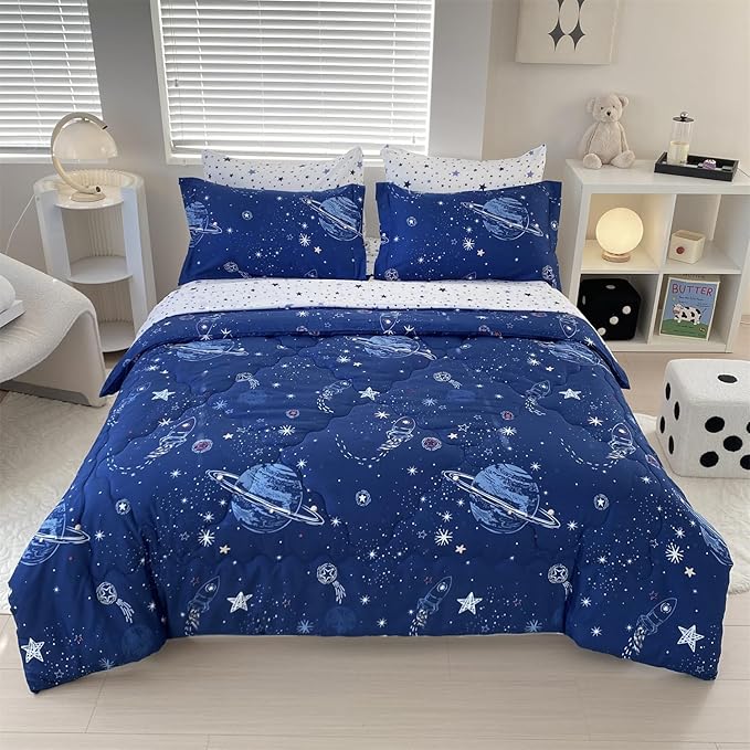 7 Piece Boys Space Comforter Set Twin Size Bed in A Bag Star Rocket Galaxy Universe Planets Bedding Set for Kids Teens Girls Microfiber Blue Quilt All Season - LeafyLoom