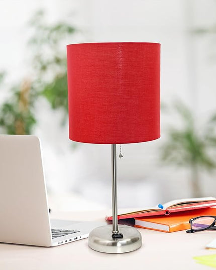 Simple Designs LT1144-RED Sleek and Slender Brushed Steel Table Lamp with Charging Outlet, for Bedroom, Living Room, Entryway, Office, Dining Room, Study, Red Shade - LeafyLoom