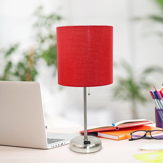 Simple Designs LT1144-RED Sleek and Slender Brushed Steel Table Lamp with Charging Outlet, for Bedroom, Living Room, Entryway, Office, Dining Room, Study, Red Shade - LeafyLoom