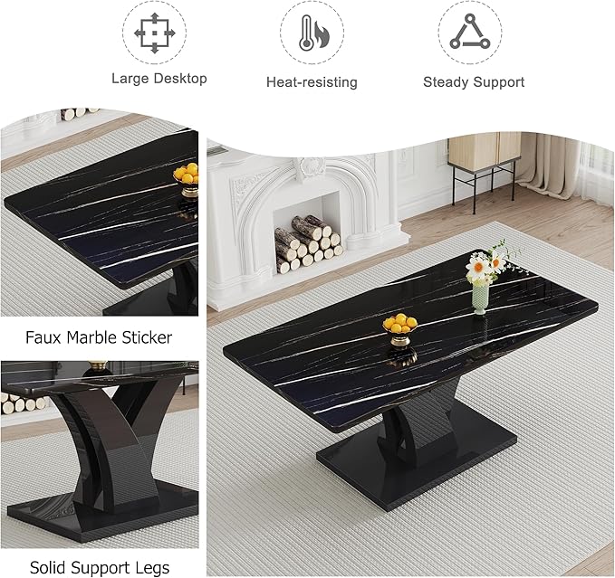 NicBex 63Inch Rectangular Dining Table,Modern Kitchen Table with Black Imitation Marble Tabletop and Black MDF Legs for 6 to 8,Large Dining Room Table for Kitchen,Meeting Living Room,Easy Clean,Black - LeafyLoom