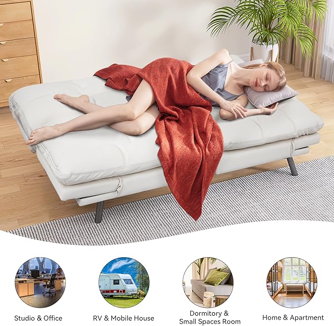 Memory Foam Faux Leather Futon Sofa Bed Couch,Convertible Futon Sofa Couch,Loveseat Sleeper Sofa Bed,Small Splitback Modern Sofa Bed for Living Room,Office,Apartment,White - LeafyLoom