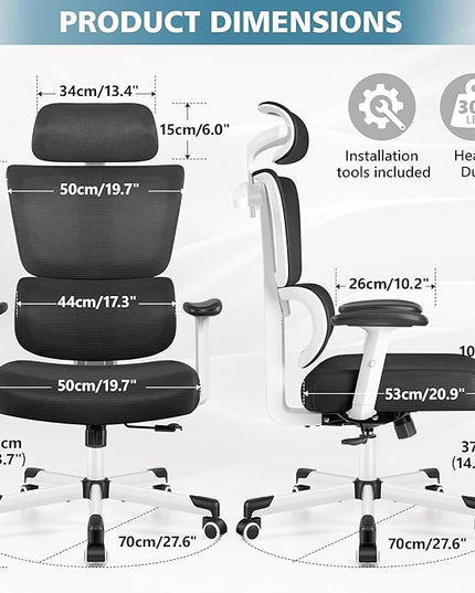 Primy Office Chair Ergonomic Desk Chair, High Back Computer Gaming Chair, Comfy Big and Tall Home Office Chair with Lumbar Support, Breathable Mesh Reclining Chair Adjustable Armrests Headrest(White) - LeafyLoom