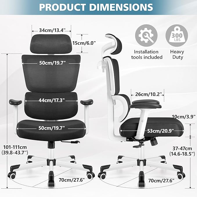Primy Office Chair Ergonomic Desk Chair, High Back Computer Gaming Chair, Comfy Big and Tall Home Office Chair with Lumbar Support, Breathable Mesh Reclining Chair Adjustable Armrests Headrest(White) - LeafyLoom