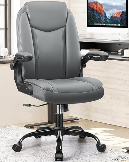 Office Chair Ergonomic Computer Desk Chair, Executive Leather Office Chair with Adjustable Flip-up Armrests Height, Swivel Task Chair with Lumbar Support Rocking Function for Home Office(Gray) - LeafyLoom