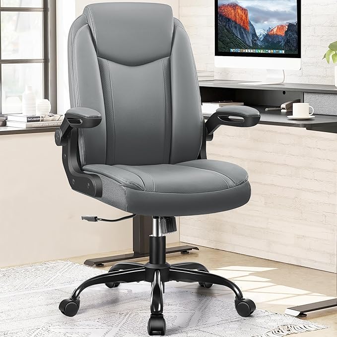 Office Chair Ergonomic Computer Desk Chair, Executive Leather Office Chair with Adjustable Flip-up Armrests Height, Swivel Task Chair with Lumbar Support Rocking Function for Home Office(Gray) - LeafyLoom