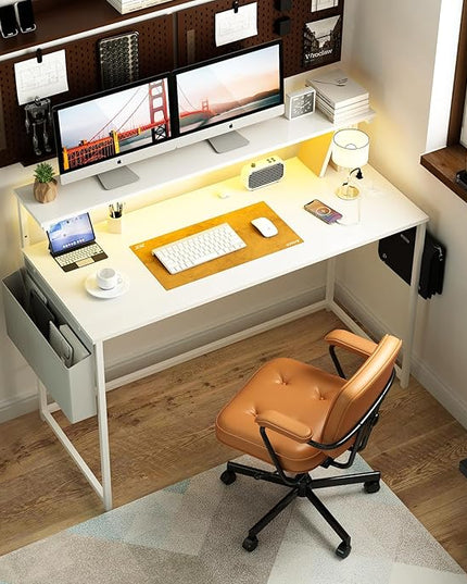 Yoobure Computer Desk with Power Outlets Fast Charging Type-C, Gaming Desk with LED Lights, 47" Office Desk with Adjustable Monitor Stand, Small Desk Home Office Desks with Storage Bag & Hook - LeafyLoom