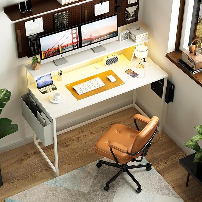 Yoobure Computer Desk with Power Outlets Fast Charging Type-C, Gaming Desk with LED Lights, 47" Office Desk with Adjustable Monitor Stand, Small Desk Home Office Desks with Storage Bag & Hook - LeafyLoom