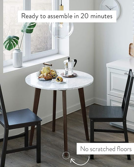Nathan James Amalia Round Marble Bistro Dining Table with Legs in Wood Finish and Faux White Carrara Marble Table Top, Antique Coffee - LeafyLoom