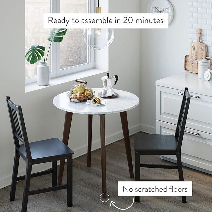 Nathan James Amalia Round Marble Bistro Dining Table with Legs in Wood Finish and Faux White Carrara Marble Table Top, Antique Coffee - LeafyLoom