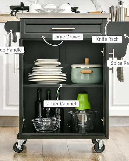 HOMCOM Kitchen Island on Wheels, Rolling Kitchen Cart with Stainless Steel Countertop, Drawer, Towel Rack and Spice Rack, Utility Storage Trolley, Black - LeafyLoom