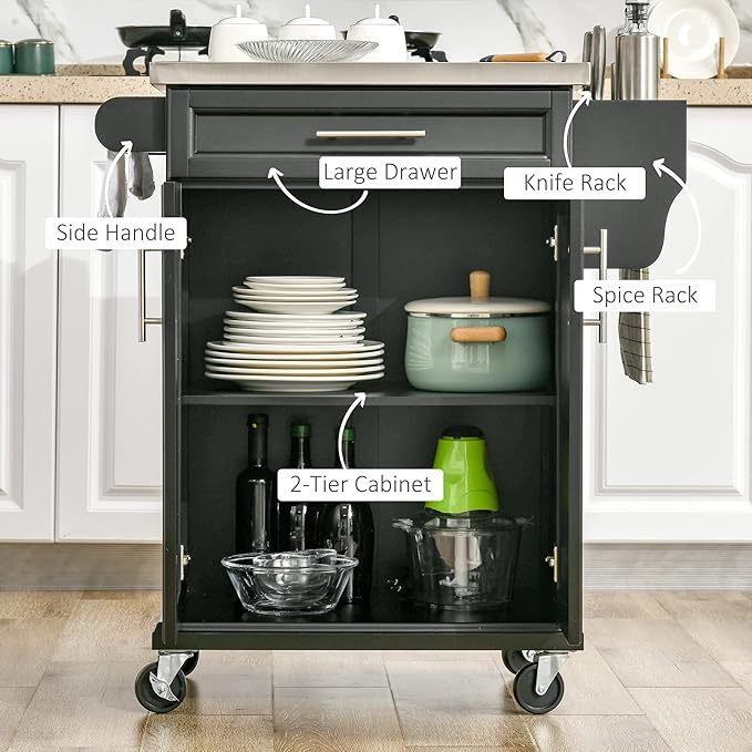 HOMCOM Kitchen Island on Wheels, Rolling Kitchen Cart with Stainless Steel Countertop, Drawer, Towel Rack and Spice Rack, Utility Storage Trolley, Black - LeafyLoom