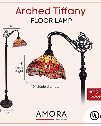 Amora Tiffany Style Floor Lamp Arched Adjustable 62" Tall Stained Glass Red Yellow Green Dragonfly Antique Vintage Light Decor Bedroom Living Room Reading Gift AM079FL10B Lighting - LeafyLoom