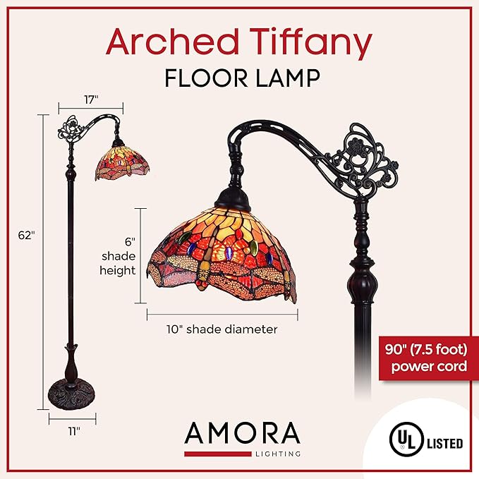 Amora Tiffany Style Floor Lamp Arched Adjustable 62" Tall Stained Glass Red Yellow Green Dragonfly Antique Vintage Light Decor Bedroom Living Room Reading Gift AM079FL10B Lighting - LeafyLoom