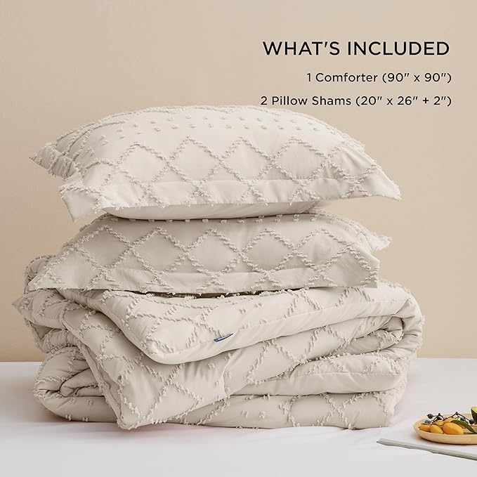Bedsure Queen Comforter Set - Beige Comforter, Boho Tufted Shabby Chic Bedding Comforter Set, 3 Pieces Vintage Farmhouse Bed Set for All Seasons, Fluffy Soft Bedding Set with 2 Pillow Shams - LeafyLoom