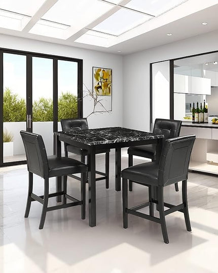 NicBex Small Dining Table Set for 4 Dining Room Set 5-Piece Kitchen Table Set Faux Marble Top Counter Height Dining Table Set with 4 Pu Leather-Upholstered Chairs, Black - LeafyLoom
